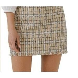 Anthropologie English Factory Cream and Blue Tweed Lined Mini Skirt Size Small
